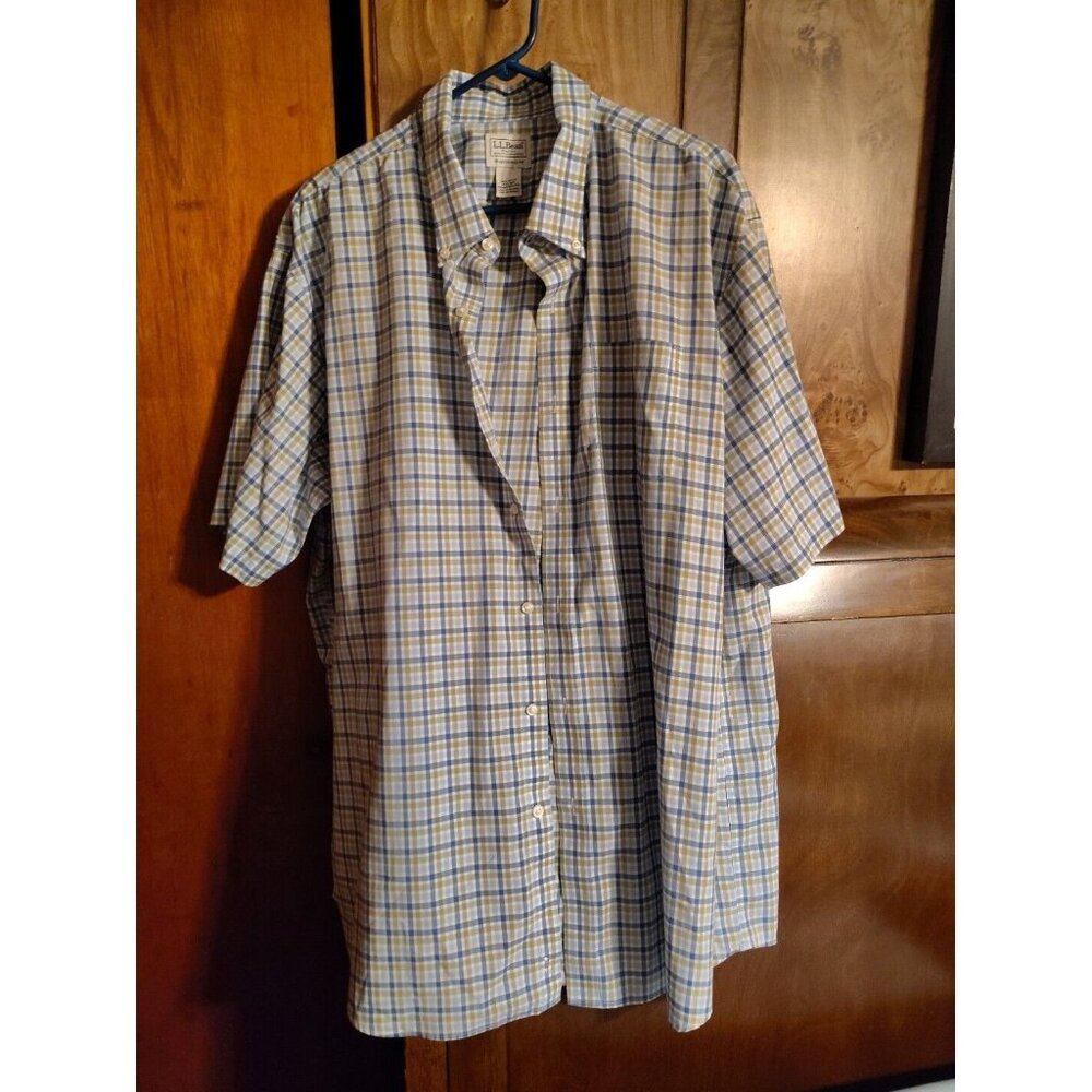 LL Bean Plaid Button Down Short Sleeve Shirt 100% - Men's 2XL